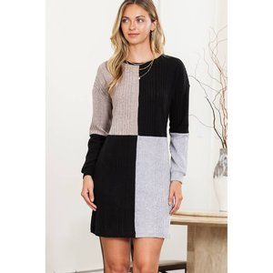 Black Ribbed Color Block Drop Shoulder Long Sleeve Mini Dress